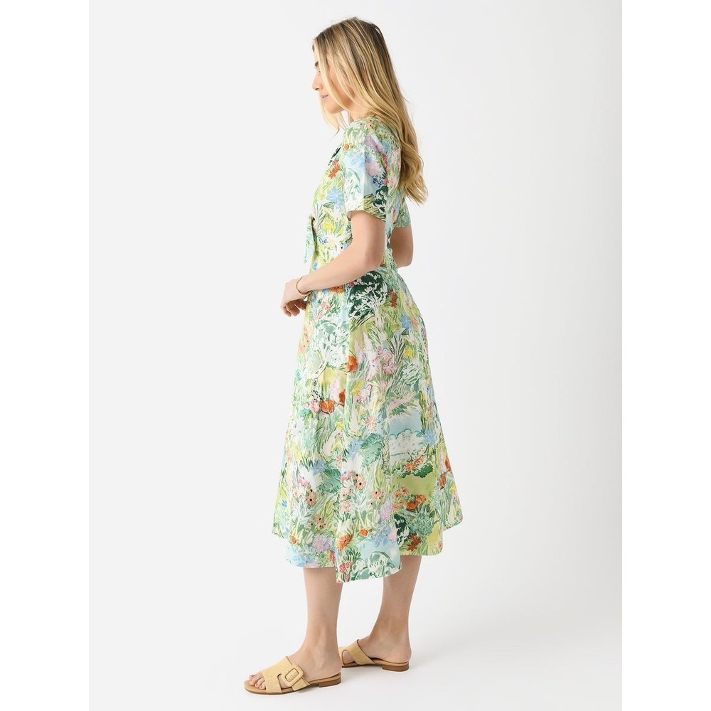 Hunter Bell Pierce Midi Dress Size 4 Green Garden Floral Linen Blend Cutout Bow - Picture 2 of 16